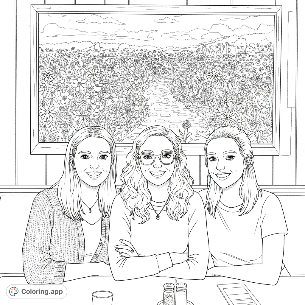 Three smiling women at a diner table, with a detailed wildflower field painting behind them. A free printable friendship coloring page for adults and teens.