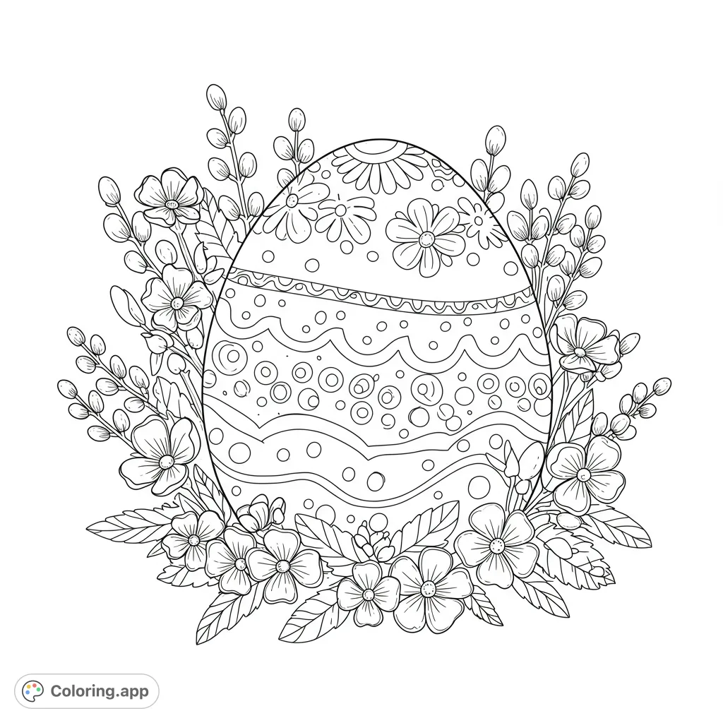 A beautifully decorated Easter egg surrounded by delicate spring flowers and pussy willow branches, perfect for a festive and relaxing coloring experience.