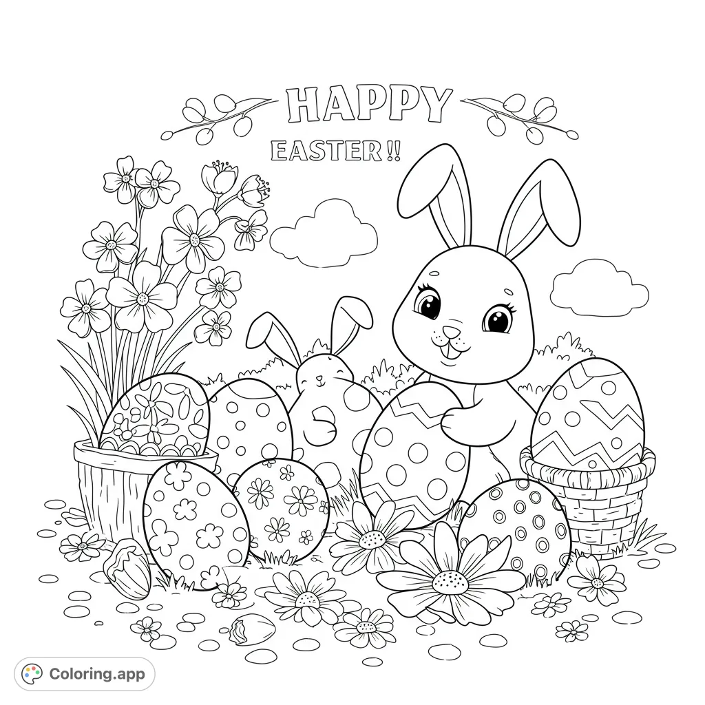 An adorable Easter bunny surrounded by beautifully decorated eggs, spring flowers, and a second peeking bunny. A delightful free printable Easter coloring page.