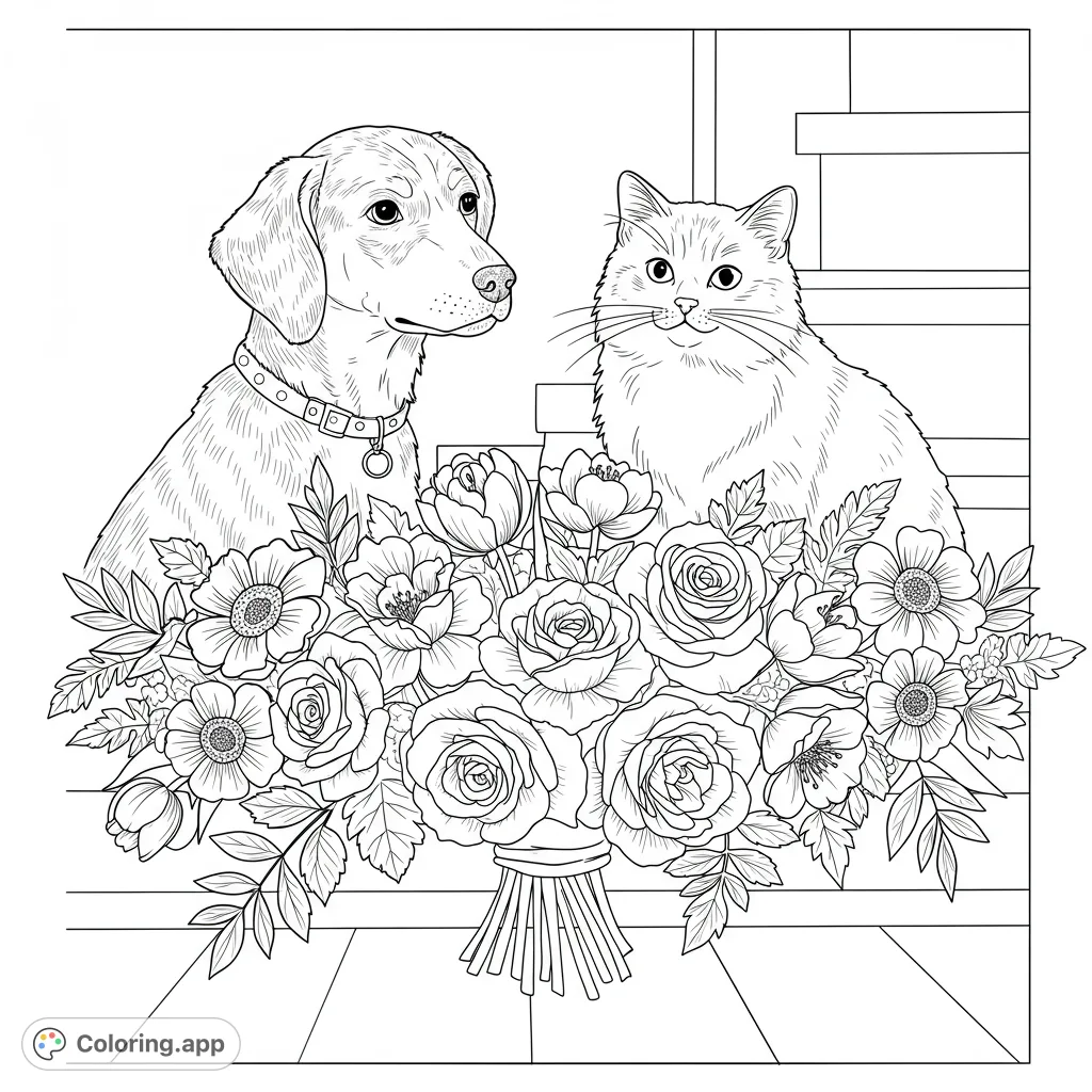 A charming pet coloring page featuring a dog and cat peeking over a beautiful bouquet of roses and poppies. Perfect for animal and flower lovers!