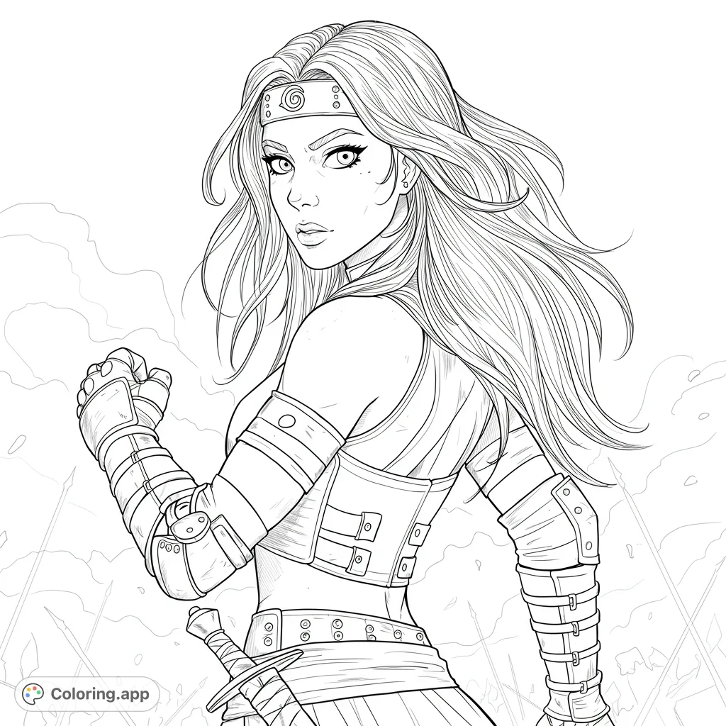 Dynamic warrior maiden with flowing hair and detailed armor, ready for action. A captivating fantasy character coloring page for all ages.