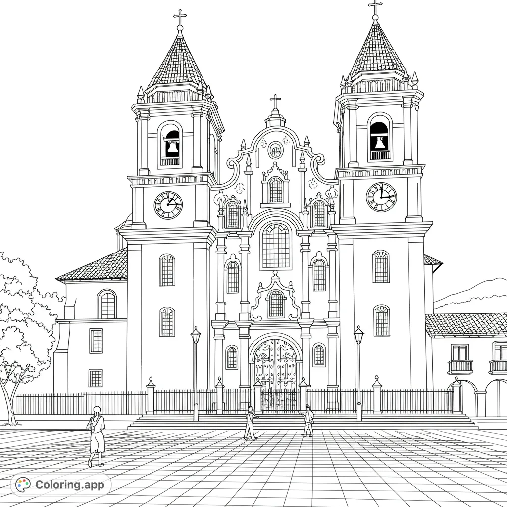 An intricate historic church coloring page featuring a grand Baroque facade, twin bell towers, and a detailed plaza. A free printable architectural landmark coloring page.