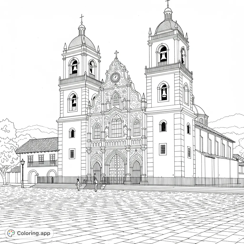 Detailed line art of a grand, ornate cathedral with twin bell towers, intricate facade, and a vast cobblestone plaza. A challenging architectural coloring page.