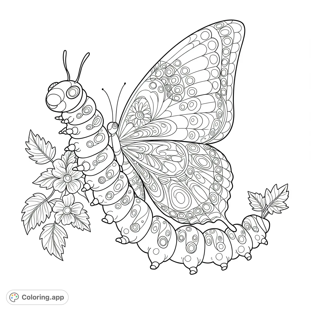 Discover a unique metamorphosis coloring page featuring a caterpillar with intricate butterfly wings and delicate floral accents. A free printable design for all ages.