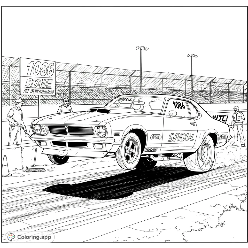 Dynamic drag race scene featuring a classic muscle car launching with wheels up, surrounded by track crew and a detailed fence. Perfect for car enthusiasts!