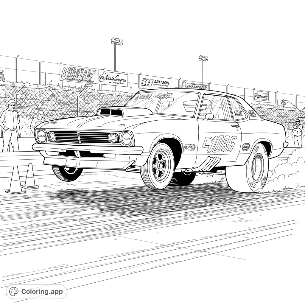 Experience the thrill of a classic drag racing car launching off the line, wheels up and smoke billowing, ready for vibrant colors!