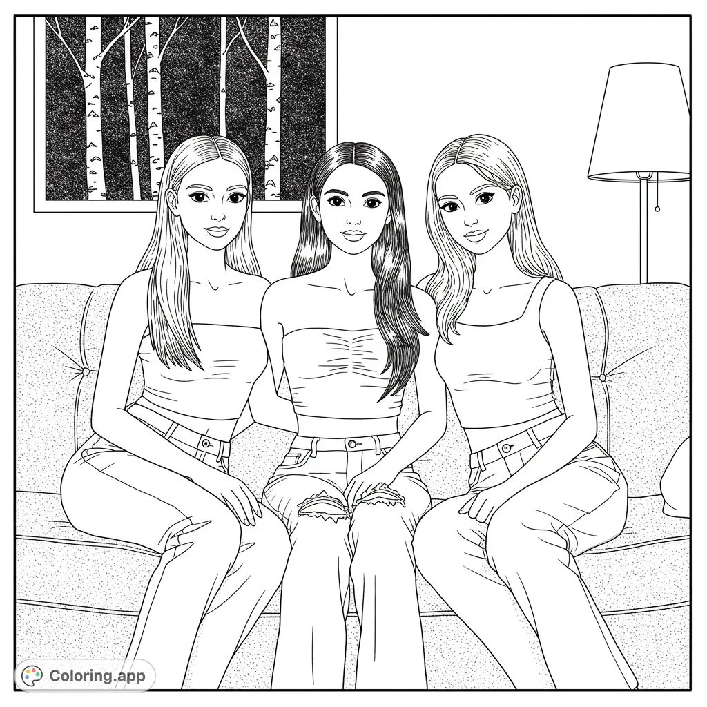 Three stylish friends relax on a cozy couch, ready for a fun coloring session. Perfect for fashion and friendship themes.