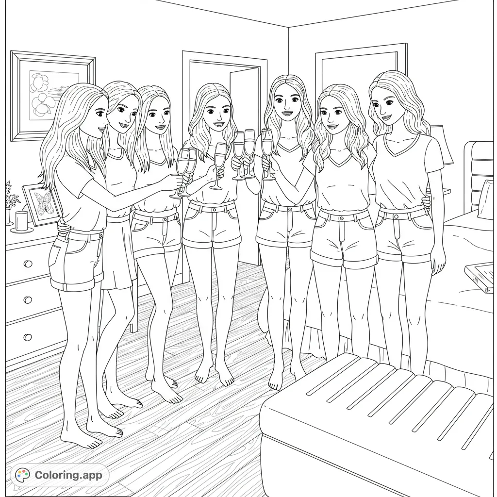 Six cheerful friends toast in a cozy room, celebrating friendship. A fun, free printable girls' night coloring page for all ages.