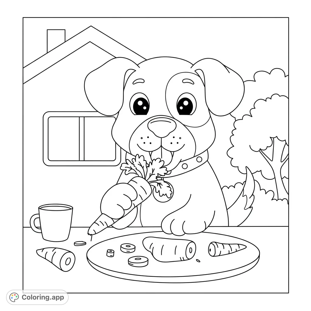 A delightful dog enjoys a healthy carrot snack at a table, with sliced carrots and a mug. A charming free printable dog coloring page for kids.