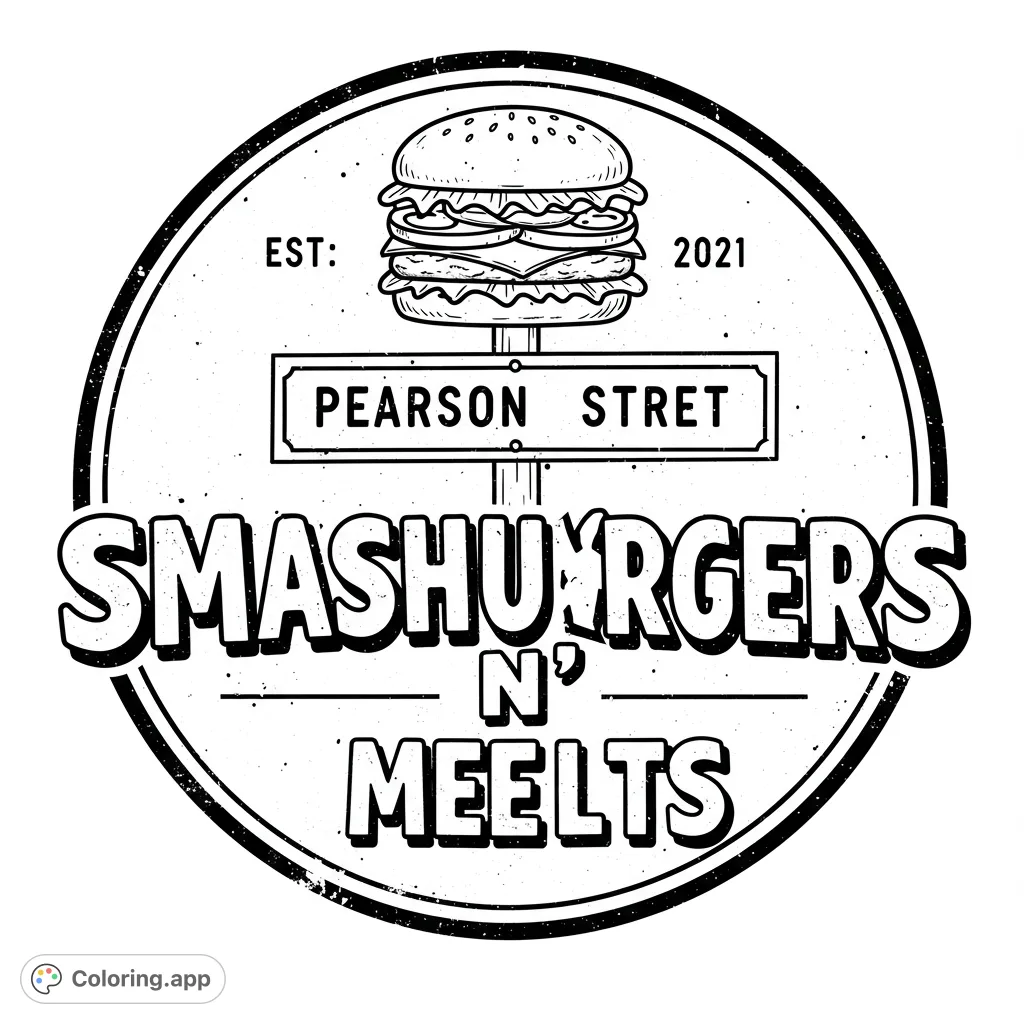 A fun, free printable burger coloring page featuring a classic layered burger within a circular emblem, perfect for foodies and all ages.