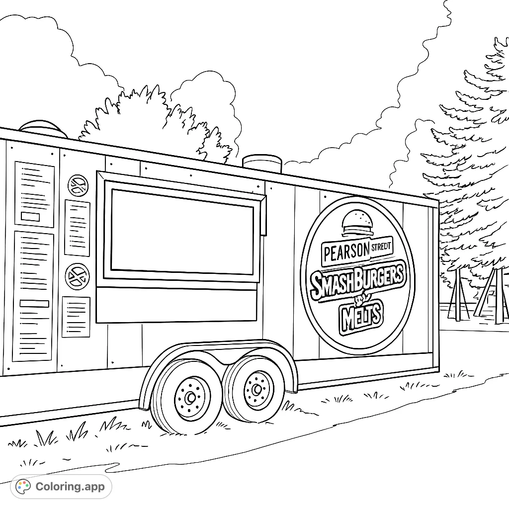 A detailed food truck coloring page featuring a large serving window, unique splatter patterns, and a prominent logo, set against a grassy park background. Perfect for all ages.