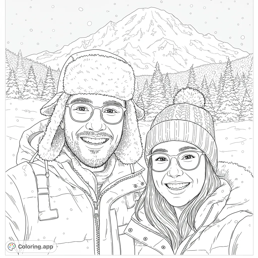 A joyful winter mountain couple selfie coloring page, featuring a man and woman in warm attire against a snowy forest and majestic peaks. Free printable coloring page.