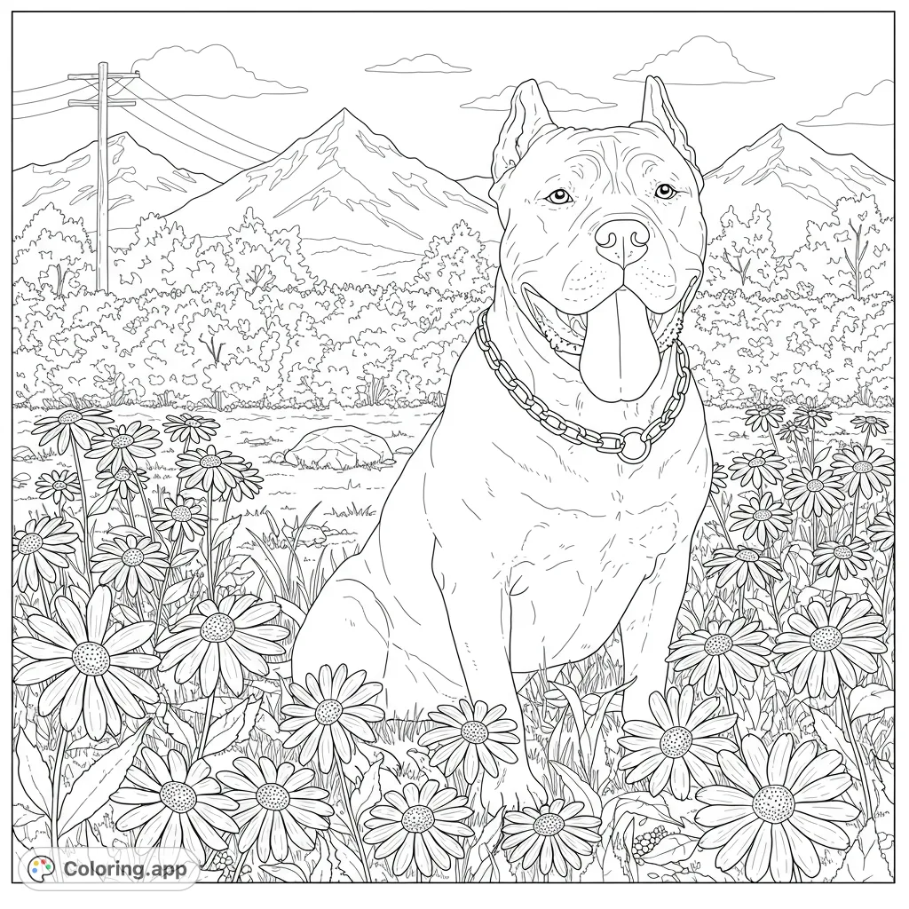 A charming Pitbull sits amidst a vibrant daisy field with mountains in the background. A free printable Pitbull coloring page for all ages.