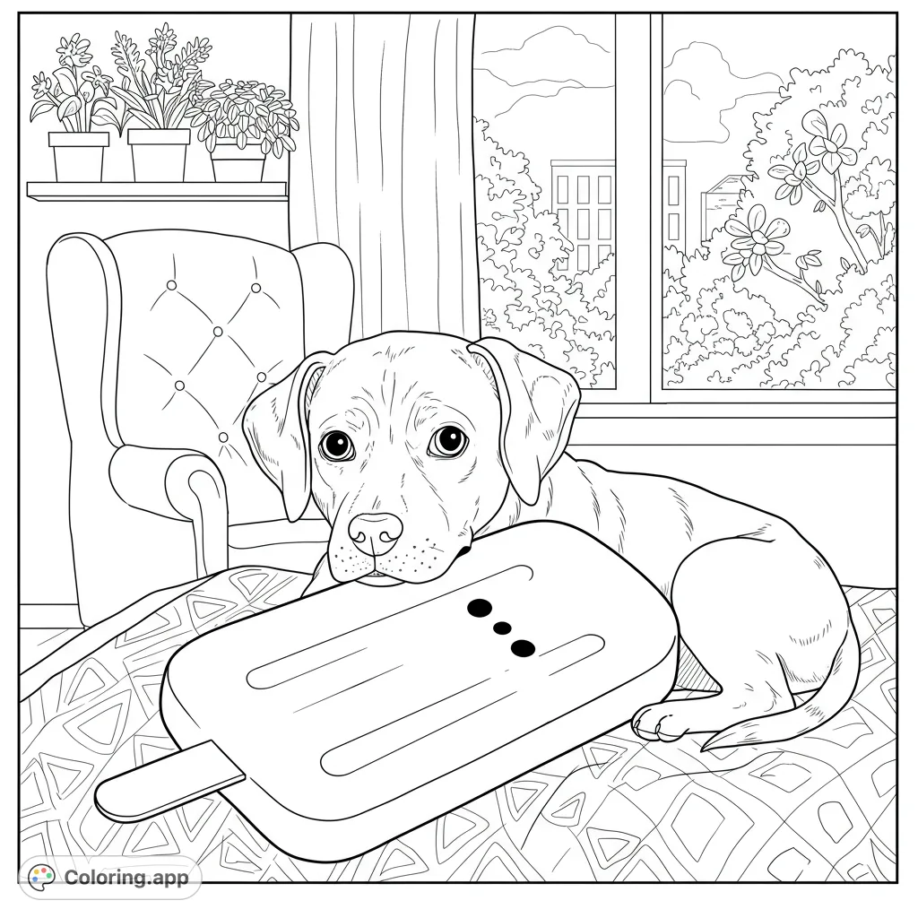 An adorable puppy rests its head on a giant popsicle in a cozy room. A delightful free printable puppy coloring page for kids and adults!