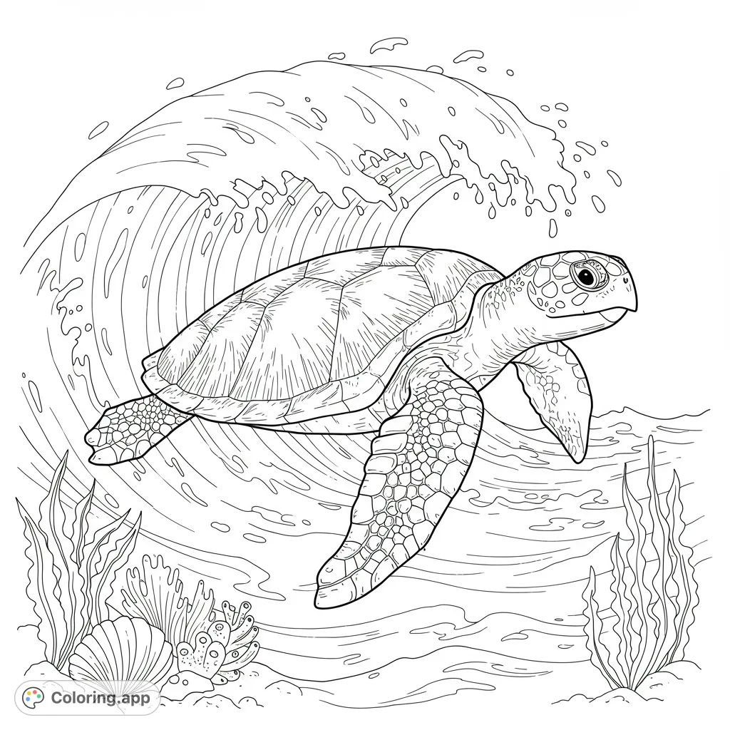 Dive into this sea turtle coloring page! A majestic turtle glides through ocean waves, surrounded by seashells and vibrant marine life. Free printable fun!