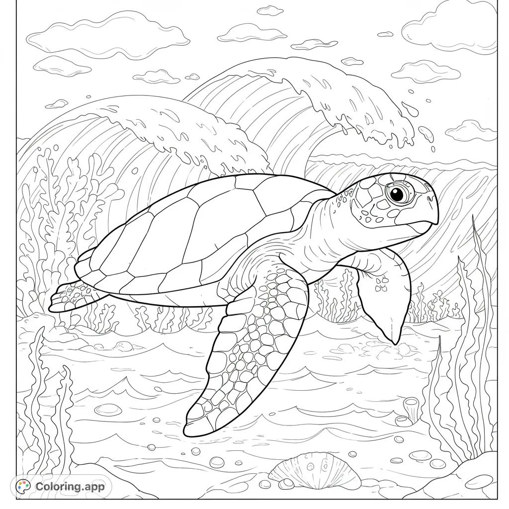 A majestic sea turtle swims through ocean waves and vibrant underwater plants. A free printable ocean coloring page for all ages.