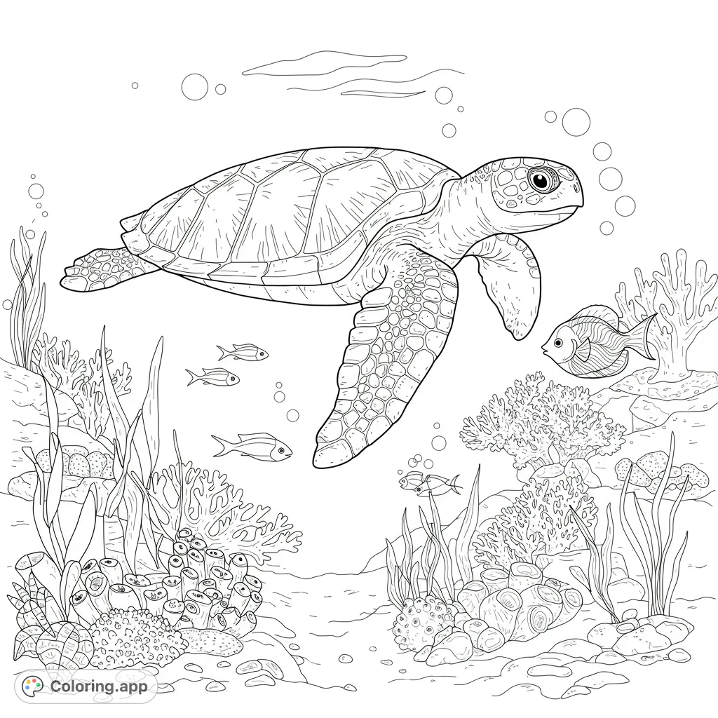 A majestic sea turtle swims through a vibrant coral reef, surrounded by small fish and intricate marine life. Perfect for ocean lovers.