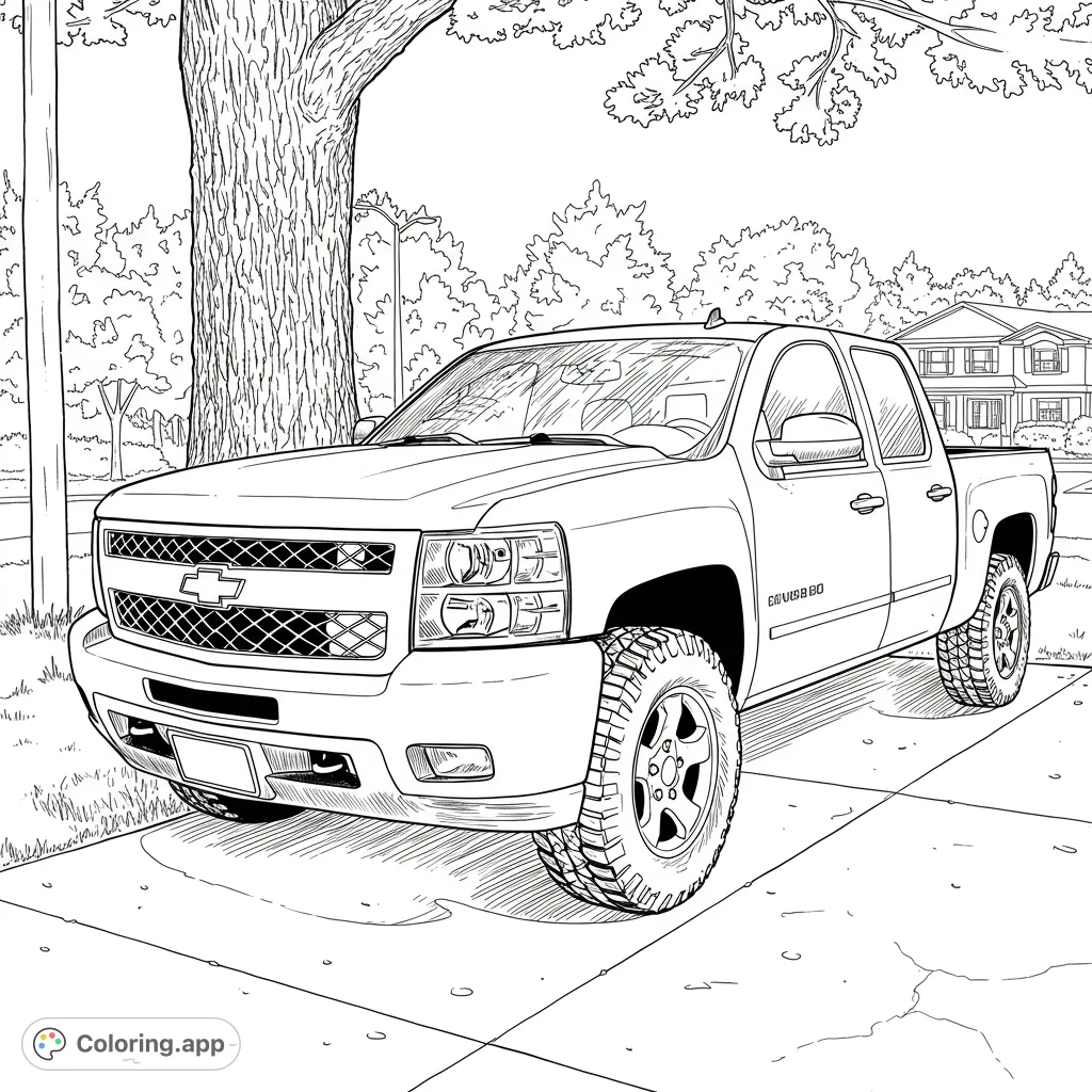 A detailed pickup truck coloring page parked in a suburban scene with a large tree and houses. A free printable vehicle coloring page for all ages.