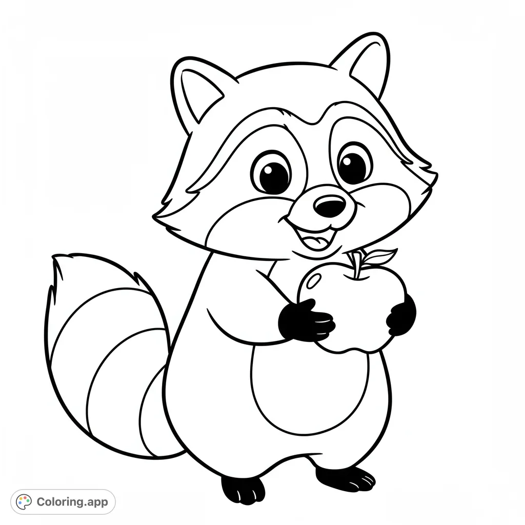 A delightful raccoon coloring page featuring a cute, smiling raccoon holding a fresh apple, perfect for young artists and nature lovers.