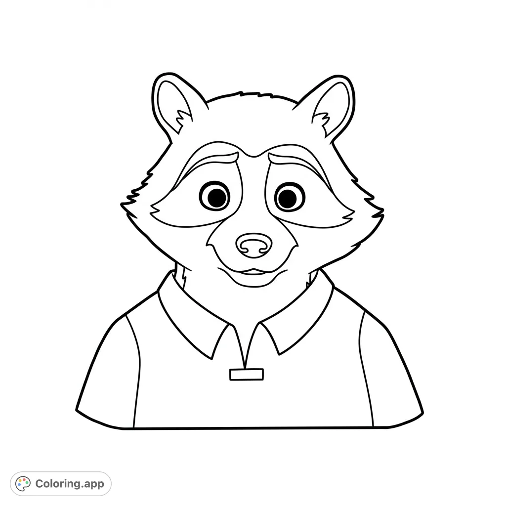 A charming cartoon raccoon wearing a polo shirt, perfect for a fun and easy raccoon coloring page. Features clear lines and distinct areas for coloring.