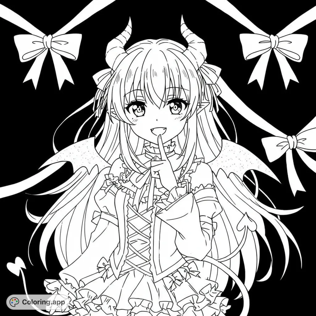 An adorable anime demon girl with horns, wings, and a heart-tipped tail, making a "shhh" gesture. Perfect for a fun, detailed anime coloring page.