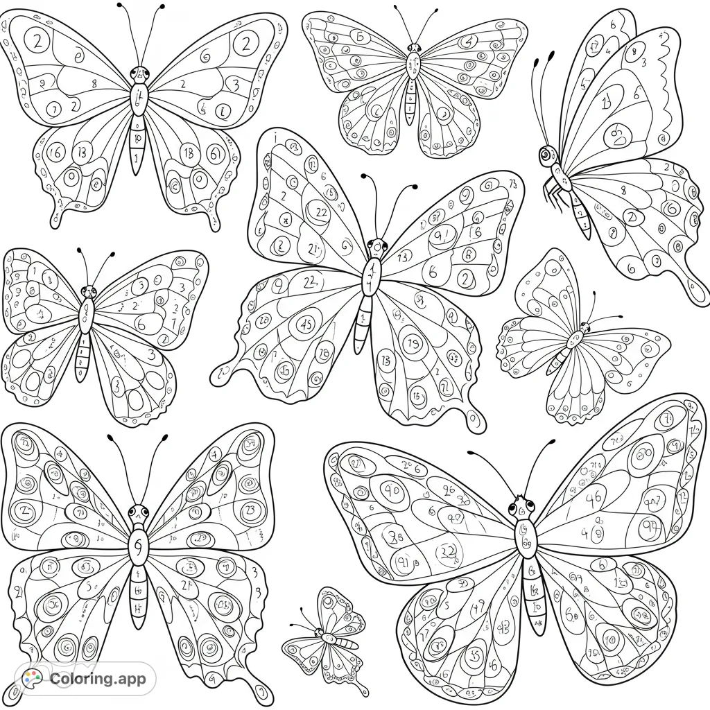 An elegant butterfly coloring page featuring a swarm of intricately detailed butterflies, perfect for a free printable coloring page for all ages.