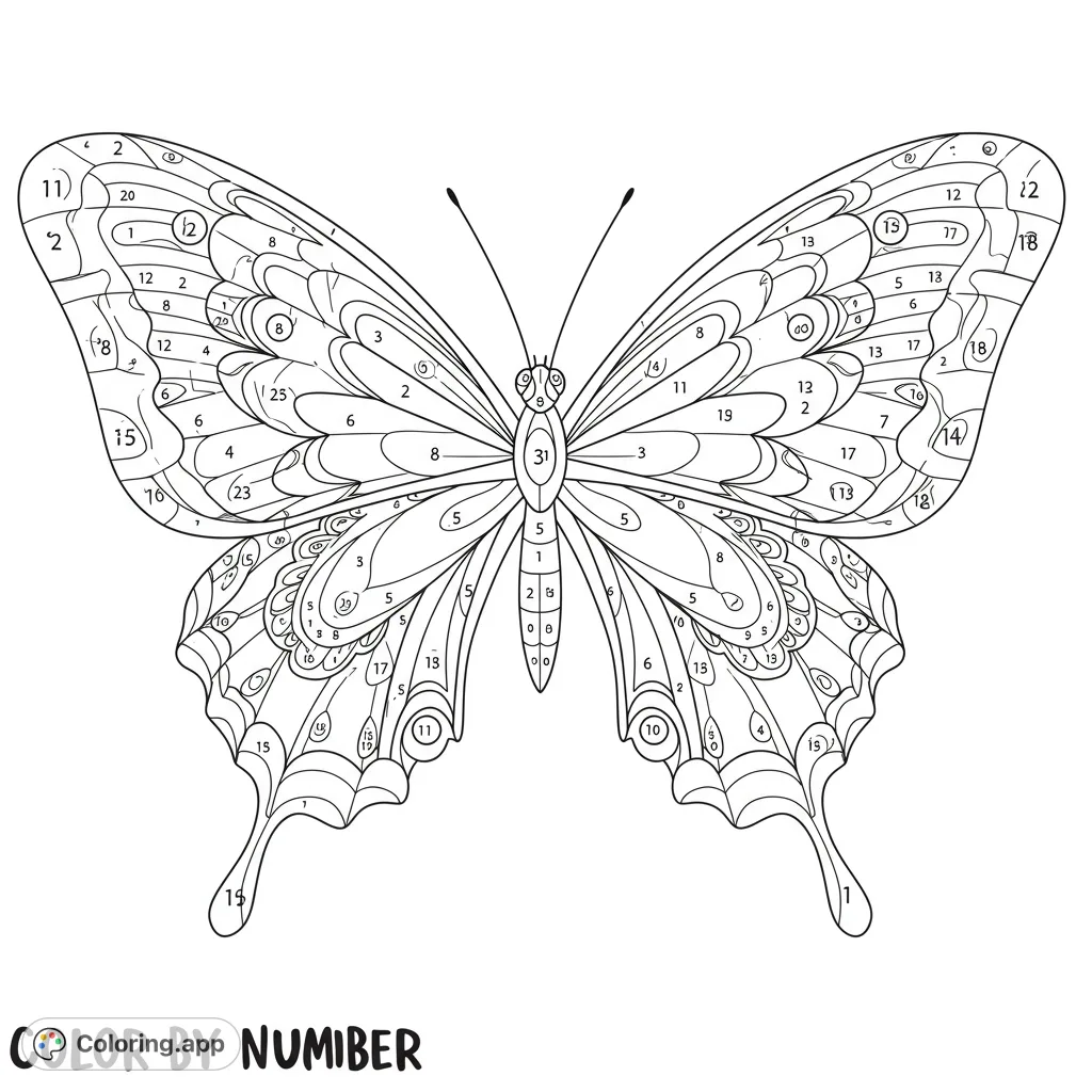A stunning, intricate butterfly coloring page featuring detailed wing patterns and symmetrical design. A free printable butterfly coloring page for all ages.