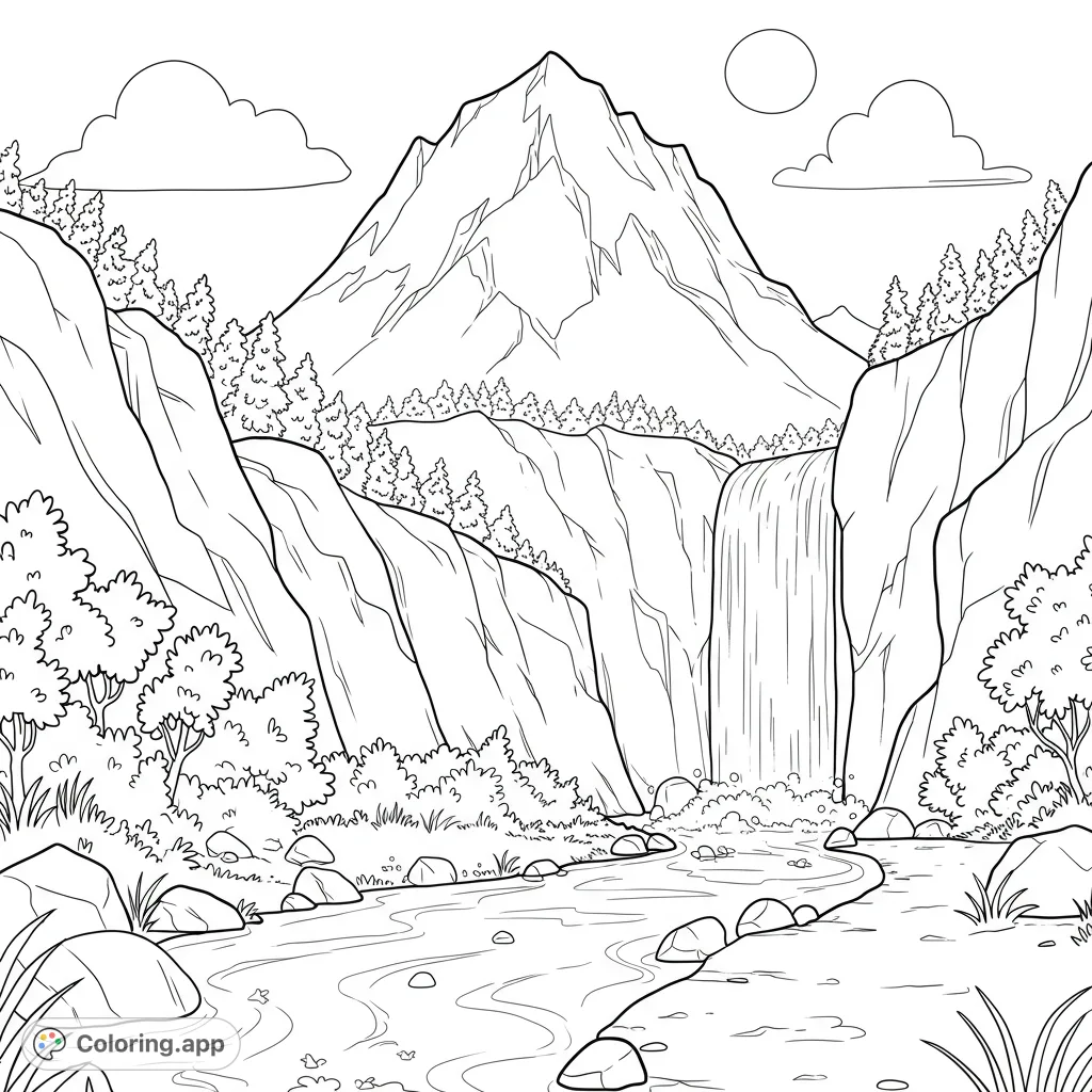 A stunning mountain landscape featuring a majestic waterfall cascading into a winding river, surrounded by towering cliffs and lush trees. Perfect for nature lovers.