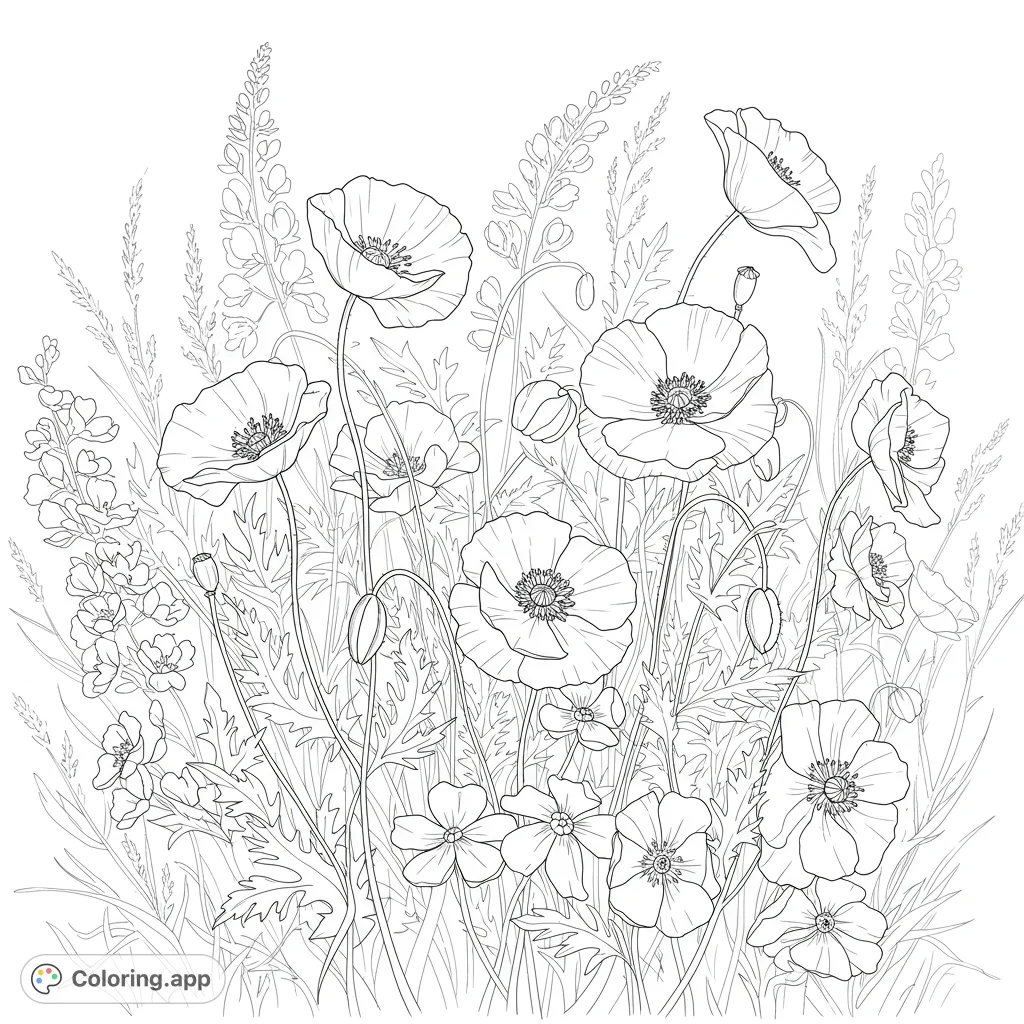 Immerse yourself in a beautiful poppy field coloring page, featuring detailed poppies, wildflowers, and lush foliage. A free printable coloring page for all ages.