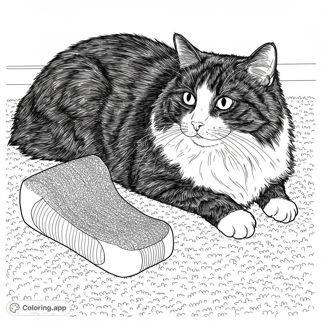 A charming fluffy cat rests beside its textured scratching post on a cozy carpet. A delightful free printable cat coloring page for all ages.
