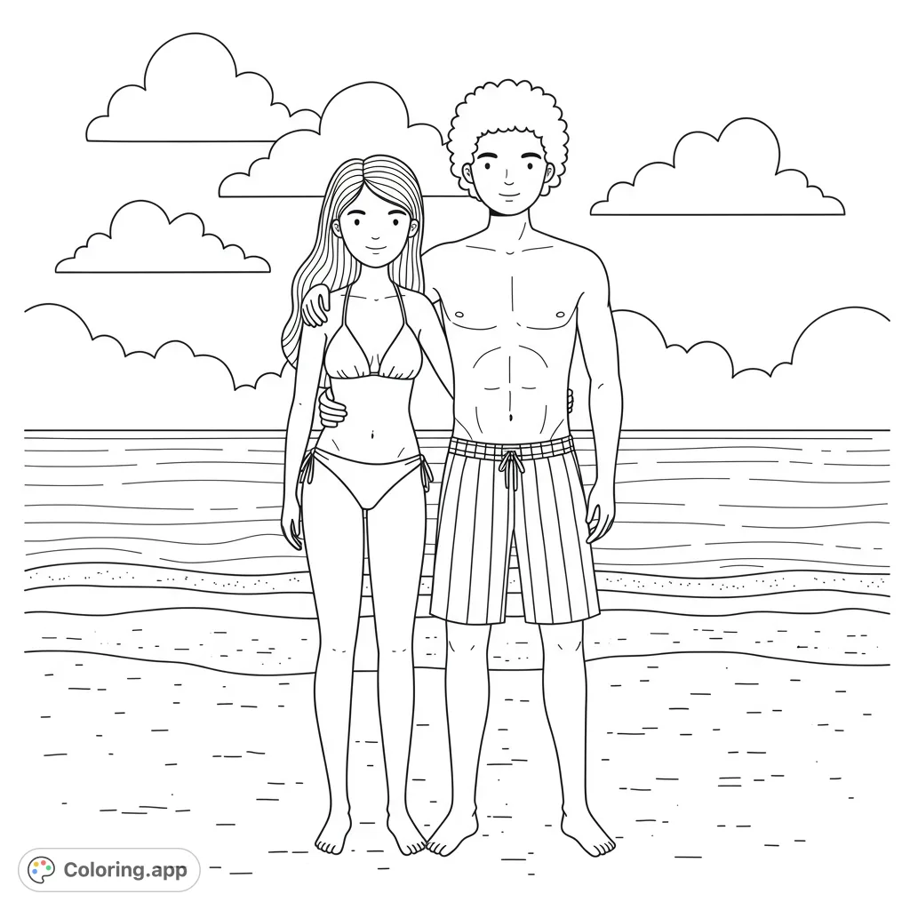 A happy couple enjoys a sunny day at the beach, perfect for a summer coloring page. Free printable for all ages to enjoy.