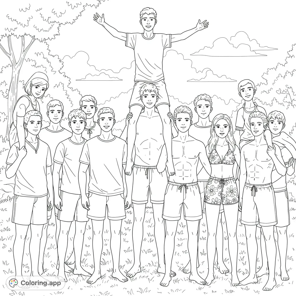 A vibrant summer group fun coloring page featuring friends forming a human pyramid outdoors. Perfect for a free printable coloring page for kids and adults.