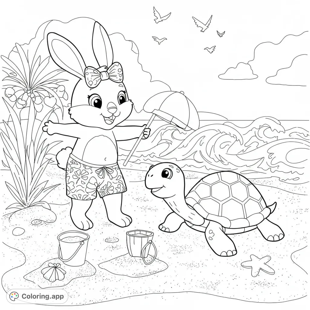 A delightful beach scene featuring a cheerful bunny and a friendly turtle, perfect for a fun summer beach coloring page. Free printable coloring page for kids!