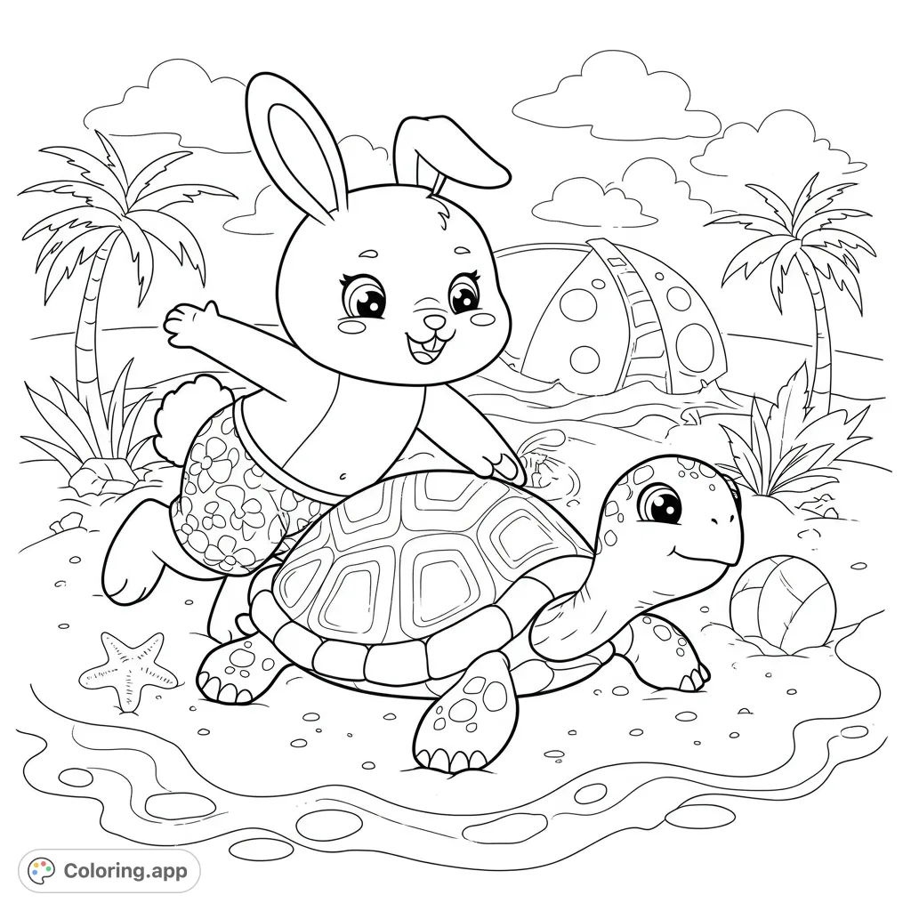 A playful bunny in swim trunks jumps over a friendly turtle on a sunny beach, surrounded by palm trees and a beach tent. A fun summer scene!