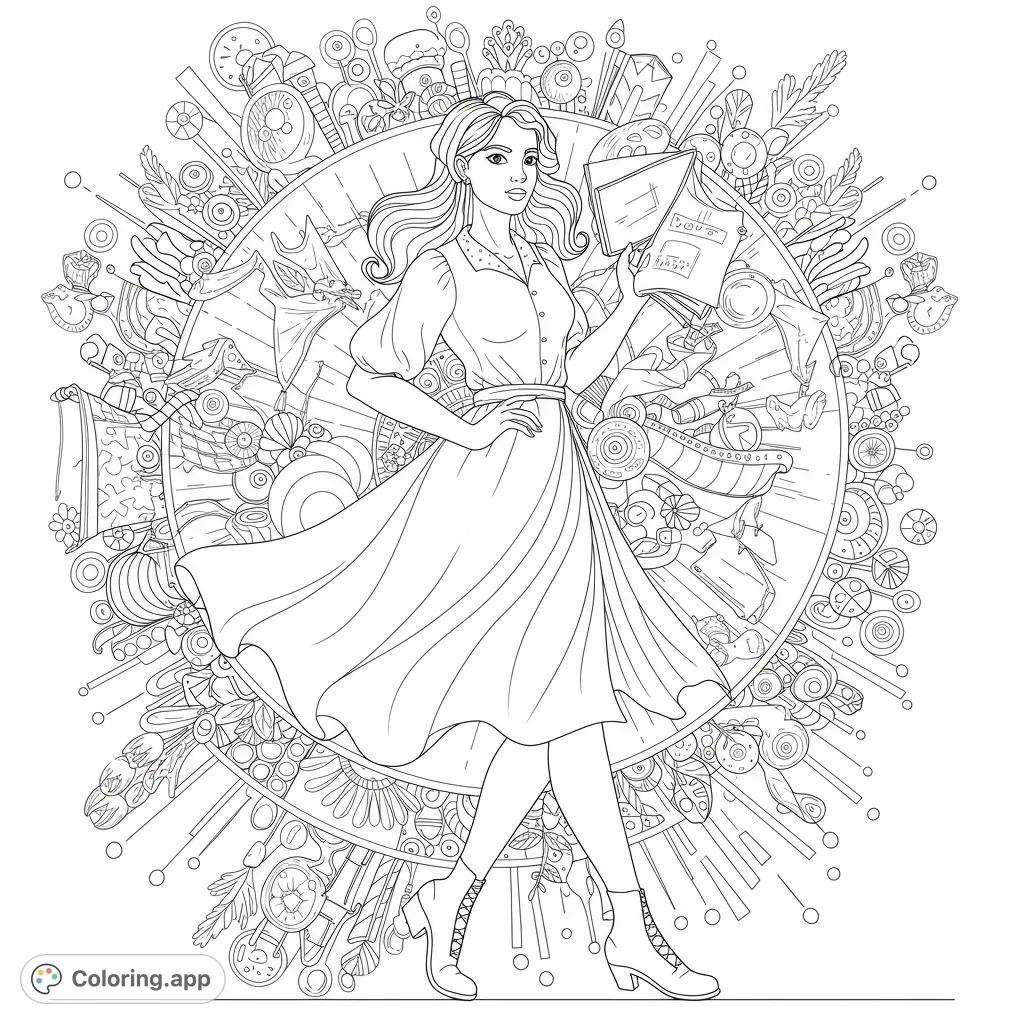 An elegant woman holding a book, surrounded by a whimsical array of intricate fashion, craft, and decorative elements. A detailed coloring page.