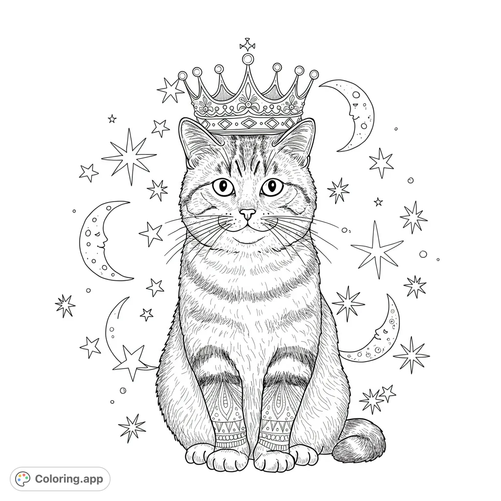 A majestic cat wearing an ornate crown, surrounded by twinkling stars and crescent moons. A magical, free printable cat coloring page for all ages.