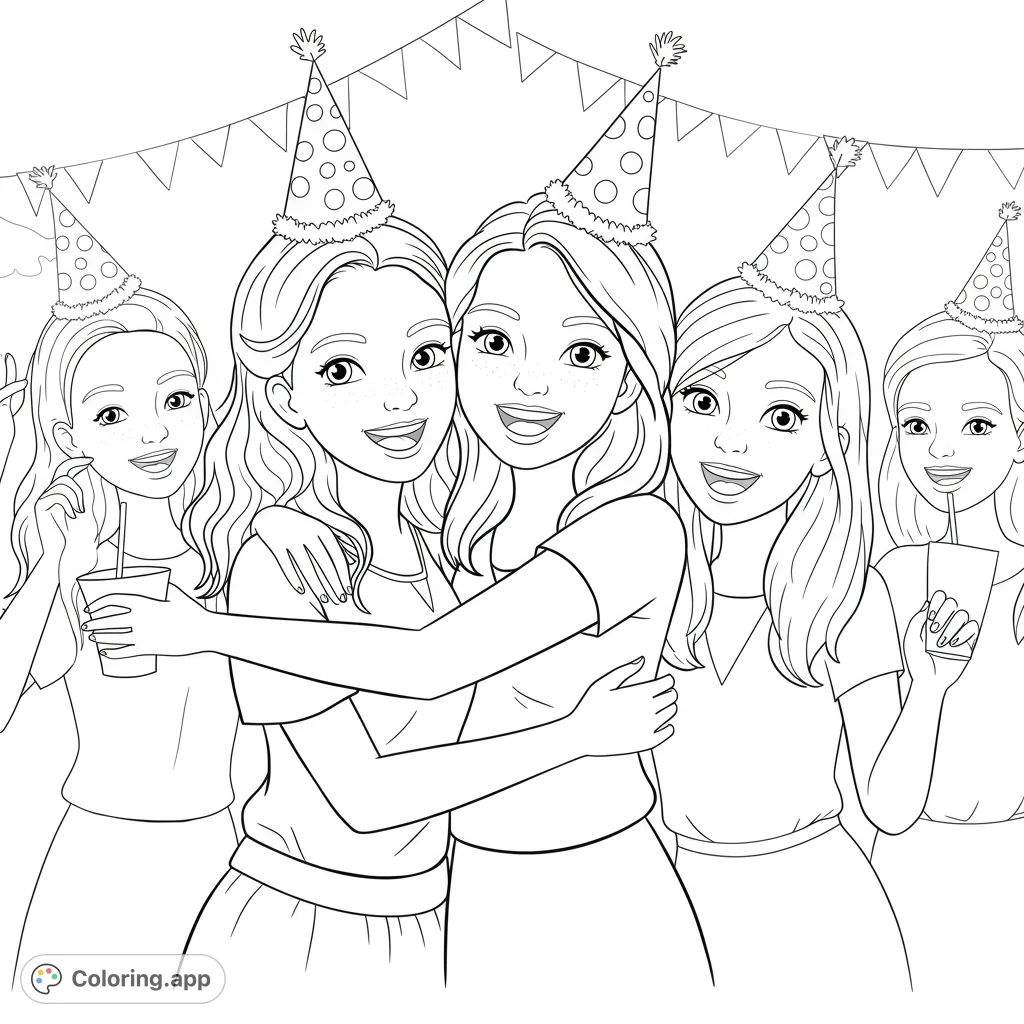 Five smiling girls in party hats celebrating with friends and drinks, a joyful scene perfect for a fun coloring activity.