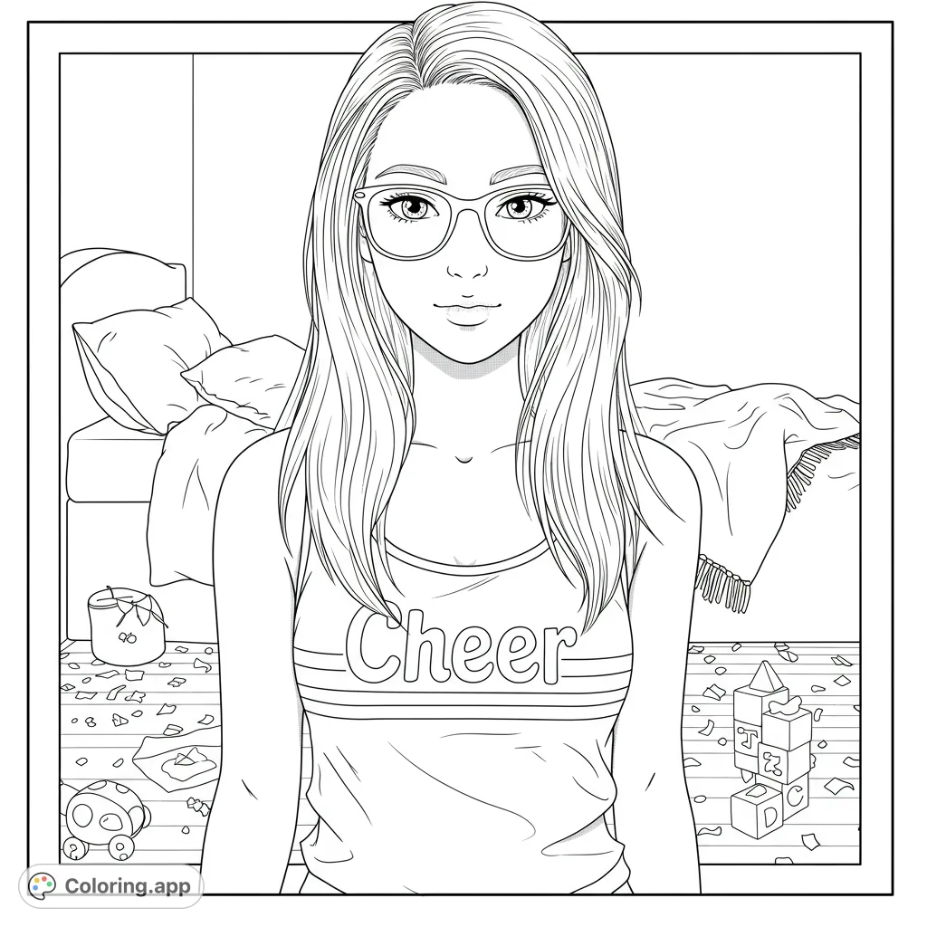 A stylish girl with glasses and a 'Cheer' top in a cozy room, perfect for a free printable coloring page. Features detailed hair and fun background elements.