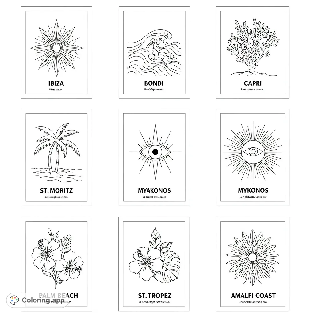 A vibrant collection of nine distinct line art designs, featuring suns, waves, coral, palm trees, evil eyes, and tropical flowers, perfect for a relaxing coloring experience.