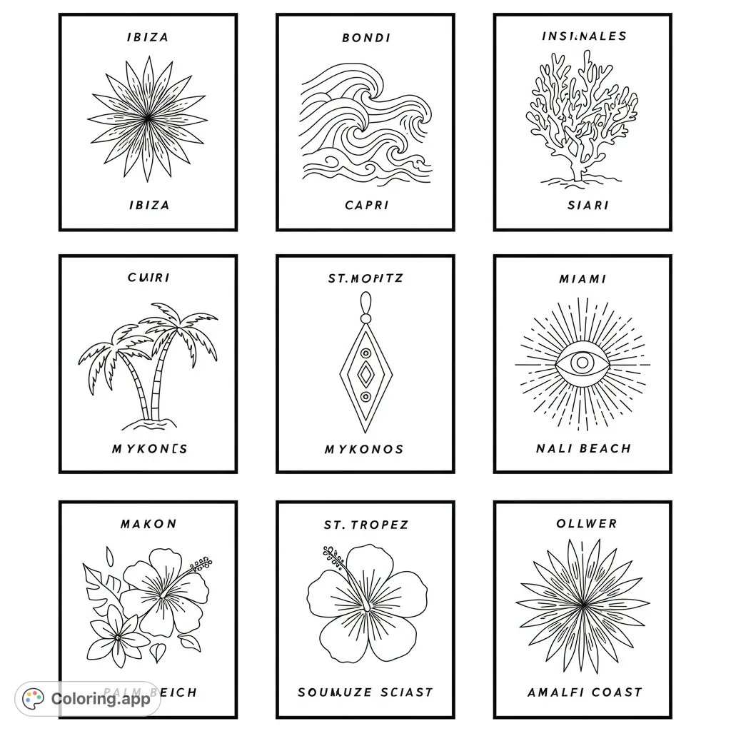 A collection of nine minimalist line art designs featuring ocean waves, palm trees, coral, flowers, and symbolic elements, perfect for serene coloring.