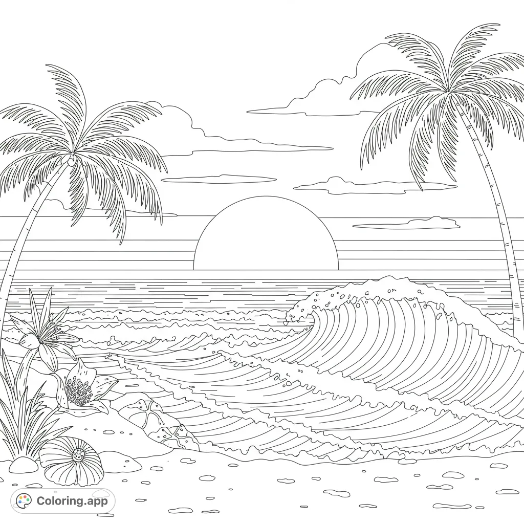 Serene tropical beach sunset with leaning palm trees, a large breaking wave, and scattered shells. A perfect free printable coloring page for relaxation.