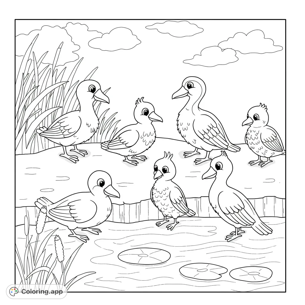 A delightful duck pond scene featuring six charming ducks and ducklings amidst reeds and lily pads, perfect for a relaxing coloring experience.