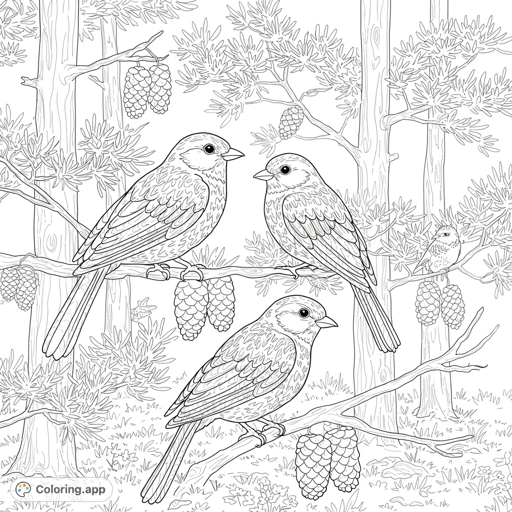 Discover a serene forest scene with charming birds perched among pine branches and cones. A delightful nature coloring page for all ages.