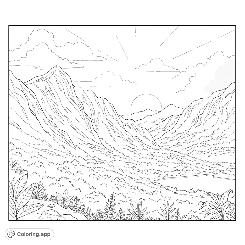 Explore a serene mountain valley landscape with towering peaks, lush foliage, a calm lake, and a setting sun. A free printable nature coloring page.