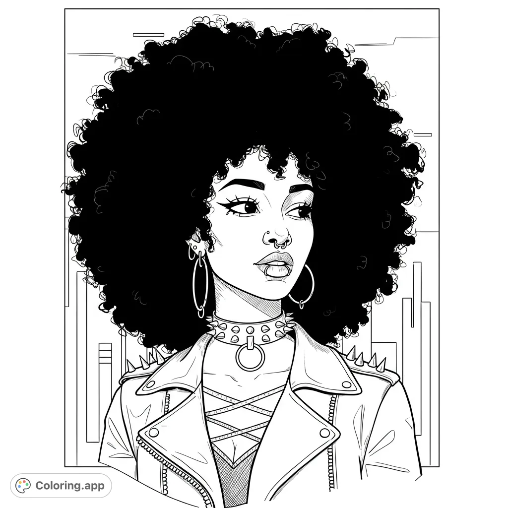 Bold woman with a voluminous afro, edgy leather jacket, and punk accessories against an urban backdrop. A confident, stylish portrait.