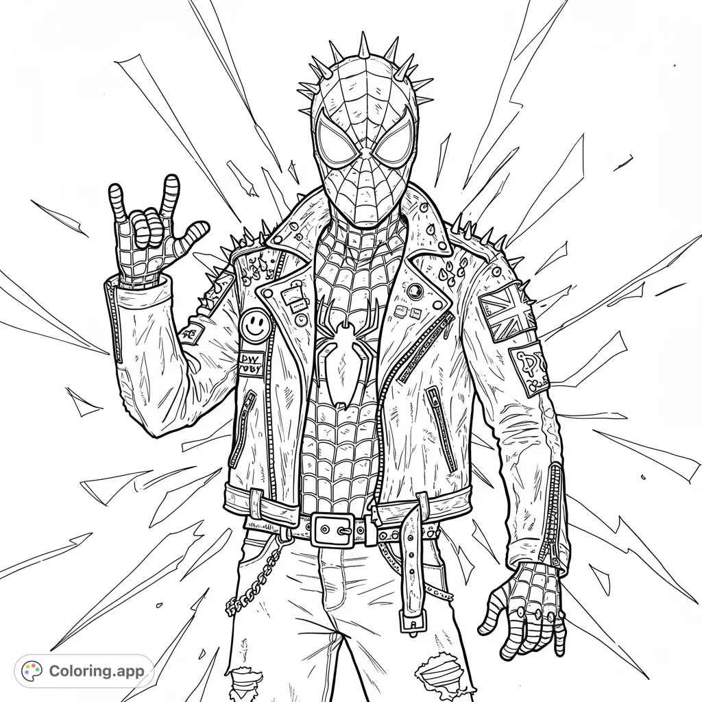 Dynamic punk rock Spider-Man coloring page. Features a spiked mask, leather jacket with patches, ripped jeans, and a 'rock on' pose against a shattered background.