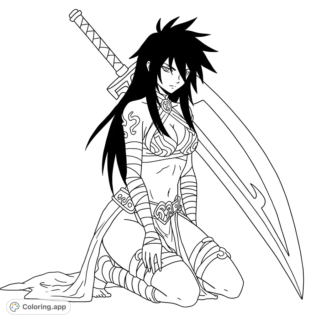 Unleash your creativity with this anime warrior woman coloring page, featuring a powerful heroine with a large sword and intricate details. Free printable.