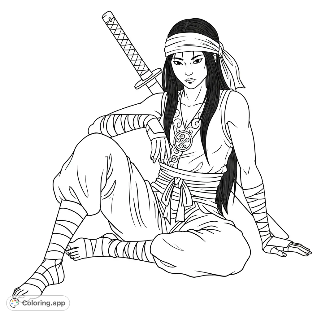 A fierce female warrior with a katana rests, ready for action. This captivating female warrior coloring page offers intricate details for all ages.