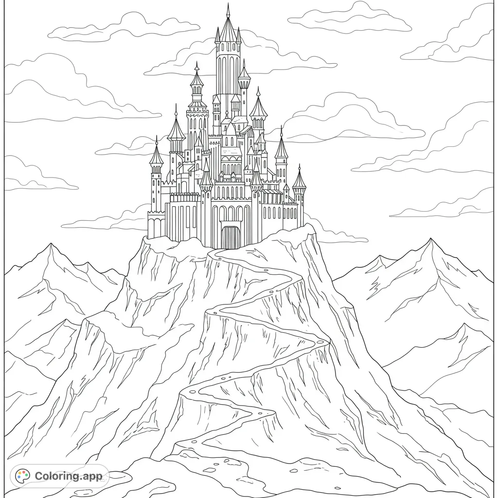 Explore a majestic fantasy castle perched high on a rugged mountain, featuring intricate details, a winding path, and scenic clouds. A free printable coloring page.