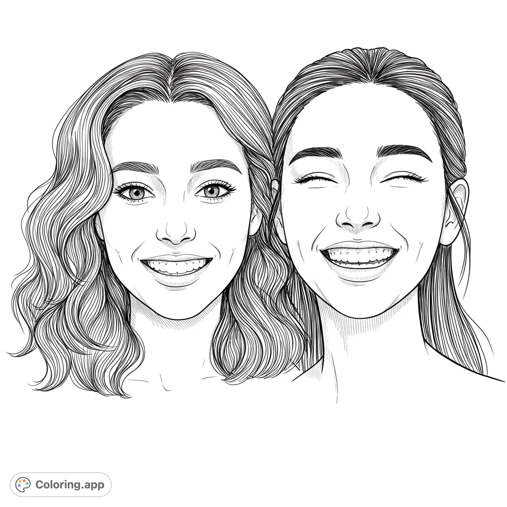 A joyful best friends coloring page featuring two smiling women, perfect for celebrating friendship and adding vibrant colors to their expressive faces.
